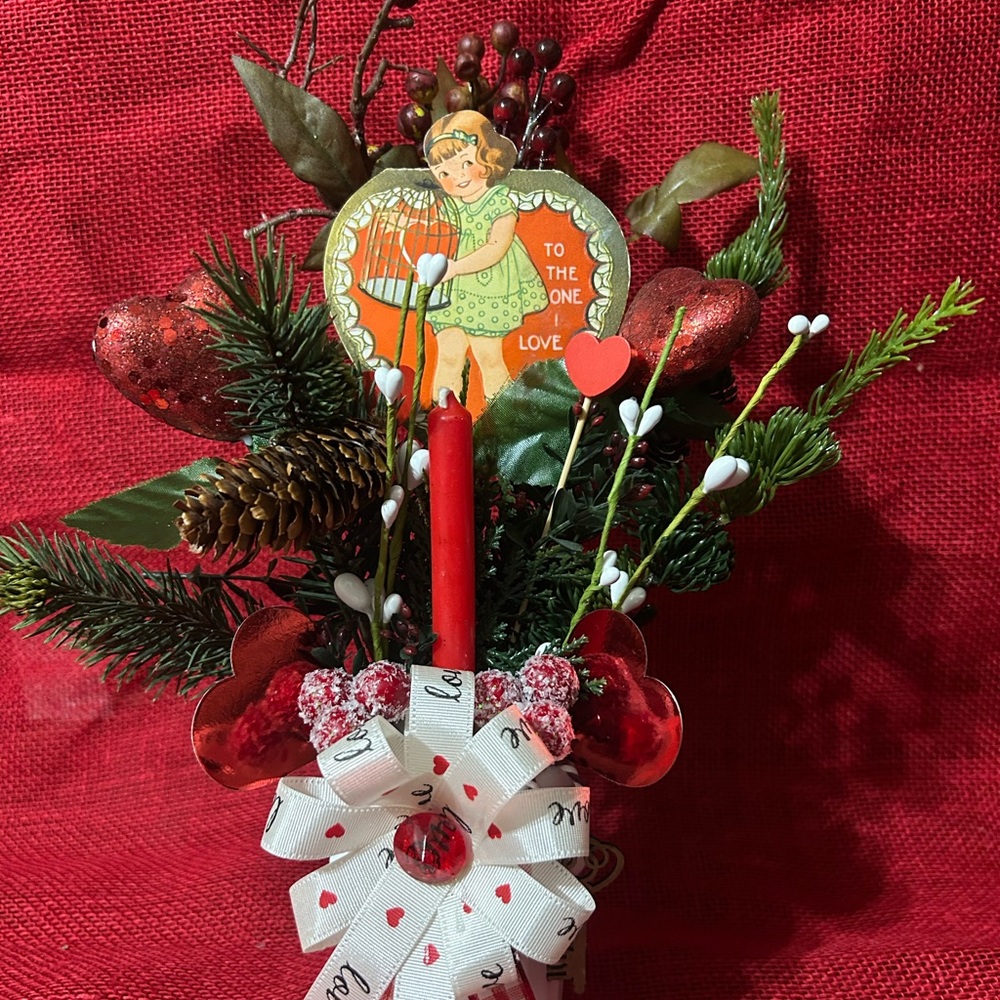 Charming VALENTINES DAY Assemblage in Cabbage Rose Milk Glass Hearts Greenery